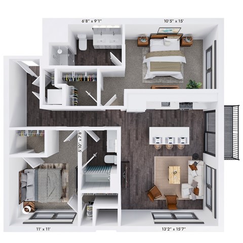 Floor plan for 2 beds, 2 baths, 1160 sqft